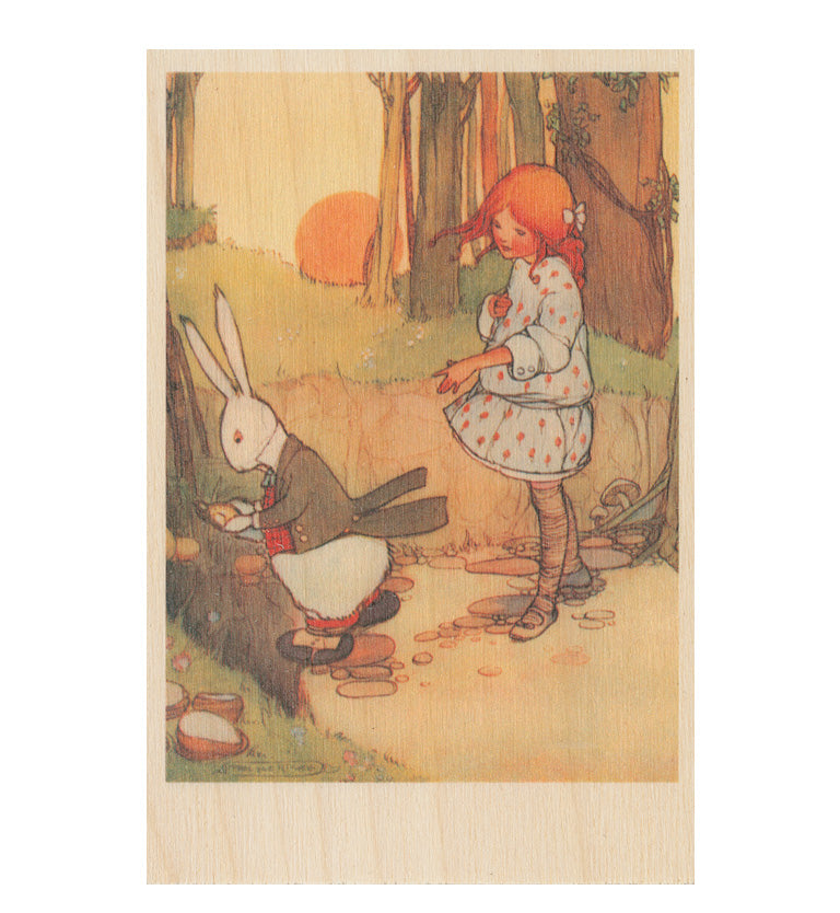 Oh Dear Oh Dear I Shall Be Too Late wooden postcard Featuring an original illustration by Mabel Lucie Attwell from Alice in Wonderland