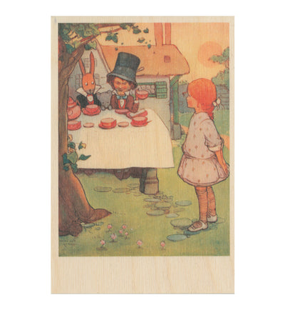 The Mad Hatters Tea Party A6 wooden postcard Featuring an original illustration by Mabel Lucie Attwell from Alice in Wonderland. 